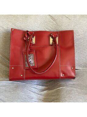 Wilson Red Leather Tote Bag With Dual Handles & Gold-Tone Accents